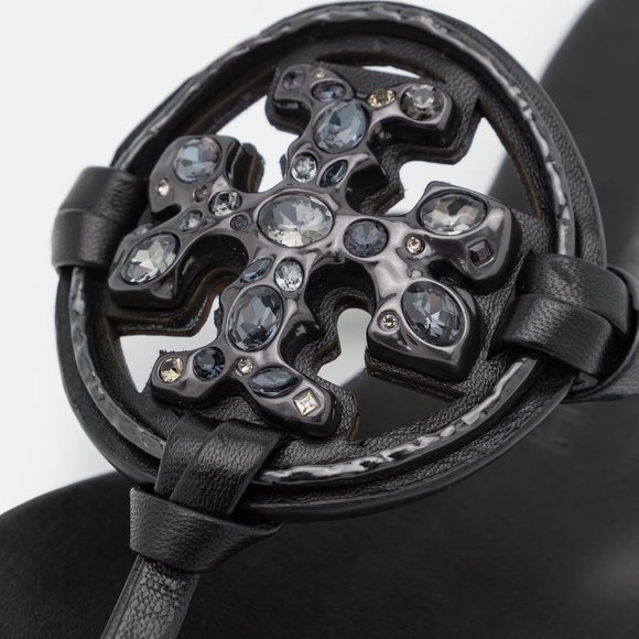 Tory Burch Miller Jeweled Embellished Crystal Leather Thong Sandals Black - Picture 7 of 13